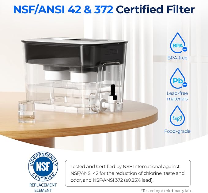 Waterdrop WFD-22L-DF Water Filter Dispenser, 40-Cup Water Purifier, Black | 2 Built-in Filters, 8X Faster Filtration, 400-Gallon Lifespan, 10X Longer Lifetime, Reduces Chlorine, PFOA/PFOS