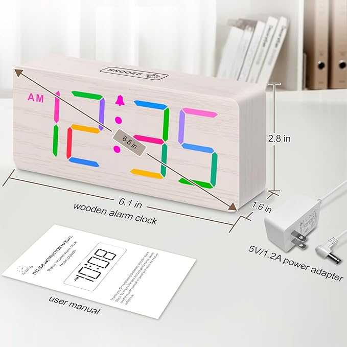 DreamSky Wooden Digital Clock for Bedroom Desk - RGB Loud Alarm Clock for Heavy Sleepers with Volume Control, Large Numbers with Dimmer for Living Room Office, Wood Decor (Plug in Clock)