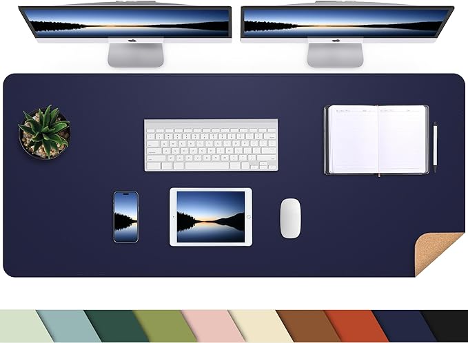 Leather Desk pad Protector, Large Desk mat with Natural Cork & PU Leather,Mouse pad,Non-Slip Office Desk Mat,Waterproof Desk Writing Pad for Office and Home (47in*23.7in, Blue)