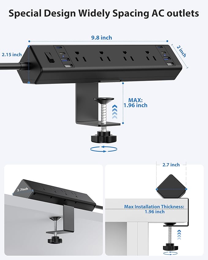 40W Fast Charging Station,Desk Clamp Power Strip 20W USB C,8 Outlets,8 USB Ports,4 USB C and 4 USB A, Office Furniture Nightstand Edge Mount Surge Protector, 14AWG Cord, Fits 1.9" Tabletop Edge