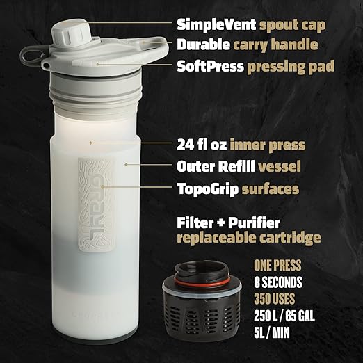 GRAYL GeoPress 24 oz Water Purifier Bottle - Filter for Hiking, Camping, Survival, Travel (Peak White)