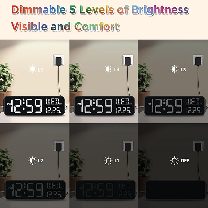 Peakeep Digital Alarm Clock for Bedrooms, Date Day of Week Large Display Numbers 6 Brightness Dimmer, 5 Volume Loud for Heavy Sleepers, 8 RGB Colors Electric Desk Clock Battery Backup, Auto DST