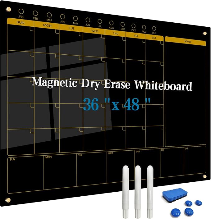Magnetic Glass Blackboard Calendar 48"x36" Monthly Glass Dry Erase Board for Wall Planner GlassBlack Board Calender Wall Mounted for Office School Home(Black)