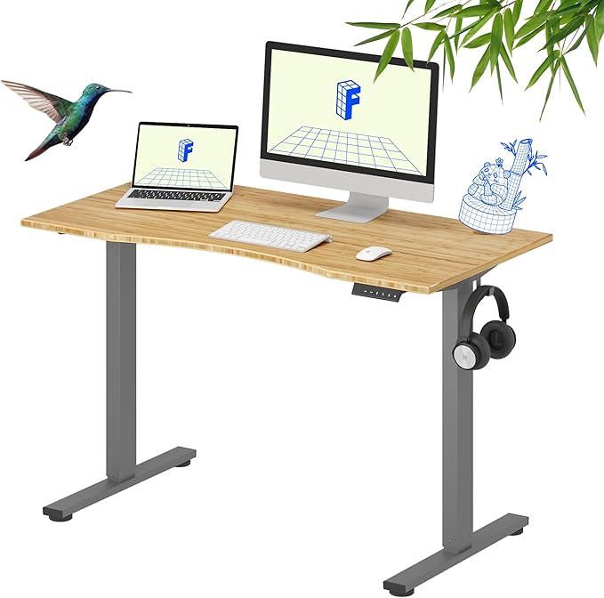 FLEXISPOT EN1 Bamboo Standing Desk, 48 x 24 Inches Whole-Piece Electric Height Adjustable Desk for Home Office (Silver Frame + Bamboo Curved Desktop, 2 Packages)