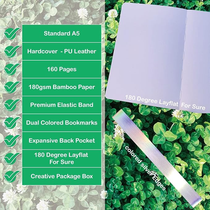 BUKE Dotted Notebook Journal 180GSM Bamboo Thick White Paper 160 Pages 5 * 5MM Dot Grid, Lay Flat Binding,Colored Silver Edges, Bookmarks and Expandable Back Pocket (BKP-8)