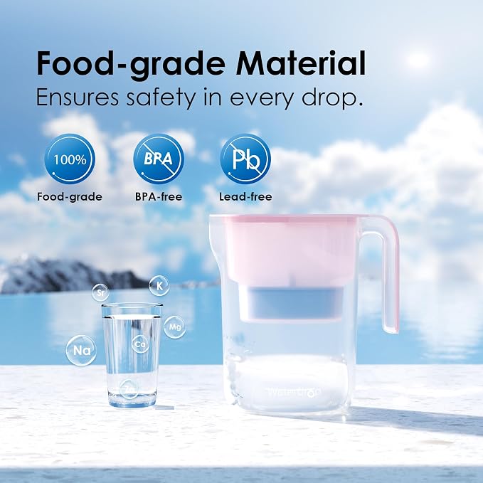 Waterdrop PT-05P-A Alkaline Water Filter Pitcher, 7-Cup, Up to pH 9.5, Pink | Mineralized Alkaline Water, Healthy, Clean & Toxin-Free, Up to 100 Gallons, BPA-Free, for Fridge, Countertop & Gift