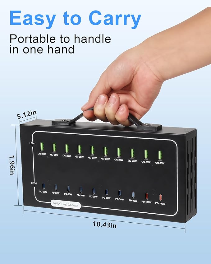 690W USB Charging Station, 20 Port Fast Charging Station for Multiple Devices, PD 100W USB C Charger Block, Smart Power Delivery & Multi Protection for Laptop MacBook iPhone, iPad, Tablet, and More