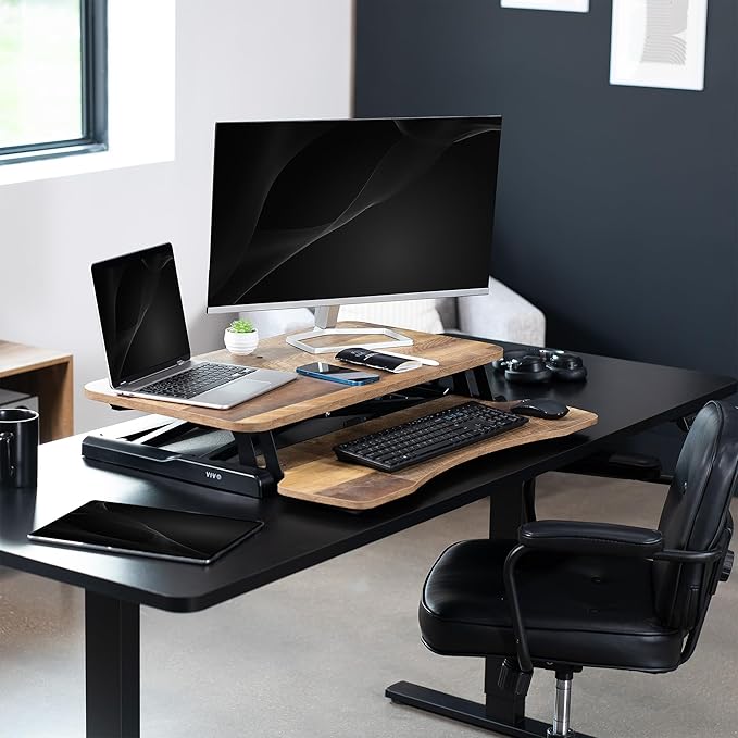 VIVO 32 inch Desk Converter, K Series, Height Adjustable Sit to Stand Riser, Dual Monitor and Laptop Workstation with Wide Keyboard Tray, Reclaimed Wood Top, Black Frame, DESK-V000KP