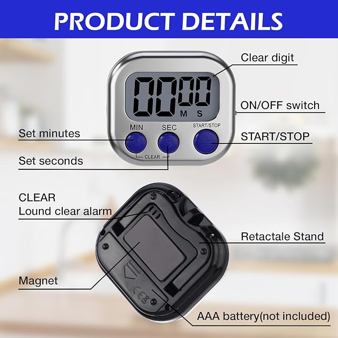 Leumoi 24 Pcs Digital Kitchen Timers Magnetic Back Timers Bulk Large Screen Loud Alarm On/Off Switch Minute Second Count up Countdown Memory Setting for Cooking Classroom Exercise (Sliver and Blue)