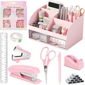 COMFYROOM Pink Desk Accessories with Pen Holder, Pink Office Supplies Desk Organizers and Accessories for women, Tape Dispenser, Stapler, Staple Remover, Staples, Clips Set, Ruler, Scissor, Pen, Tape