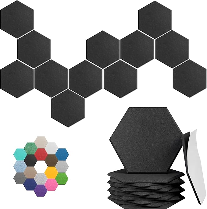 Hexagonal Acoustic Panels-12 Pack High-Density Sound Absorbing Panels 12"X10"X0.4" for Enhanced Noise Reduction, DIY Design, Idea for Studios, Offices, and Home Theaters(Black)