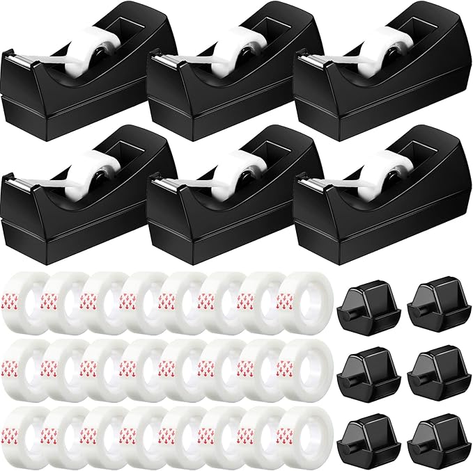 Yahenda 6 Pack Desktop Tape Dispenser Non Skid Base with Transparent Invisible Tape and Replacement Cores for Wrapping Home School Office Supplies
