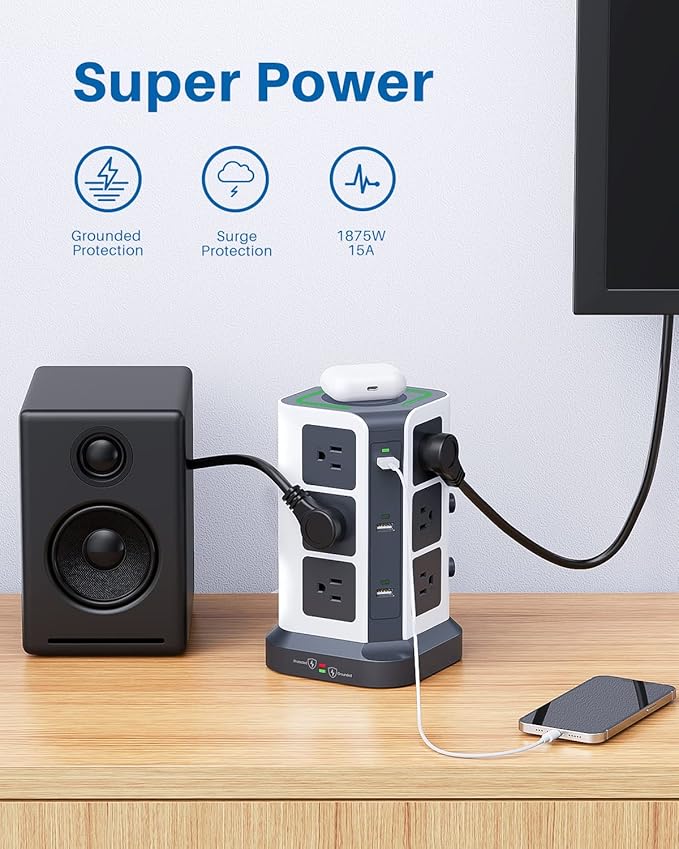 KOOSLA Power Strip Tower, [15W] Wireless Charger Surge Protector - 12 AC Multiple Outlets & 6 USB Ports, 6.5ft Extension Cord Charging Station for Office Supplies, Desk Accessories, Dorm Essentials