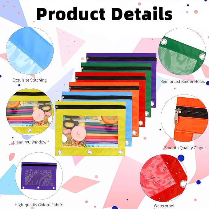 Pencil Pouch for 3 Ring Binder, 6 Pack Pencil Bags with Zipper, Large Capacity Pencil Case for Binder Assorted Color Pencil Case Pouch with Clear Window and Grommets Pencil Pocket for Office Supplies