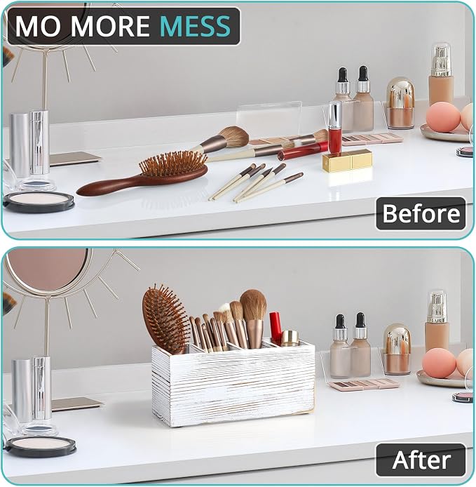 Pencil Pen Holder for Desk, White Washed Wood Office Desk Organizers and Accessories with 4 Slots for Countertop, Makeup Brush Holder Organizer for Bathroom Vanity, Silverware Caddy for Party