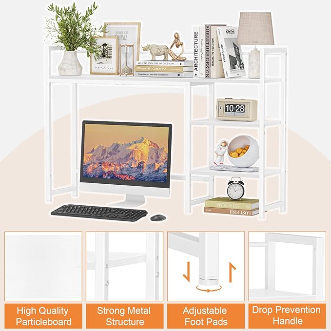 Snughome Desk Shelf, 44.9" Large Desktop Organizer Shelf, Desk Hutch for Monitor, 4 Tier Display Rack, Wooden Desktop Bookshelf Storage Rack for Home Office Dorm