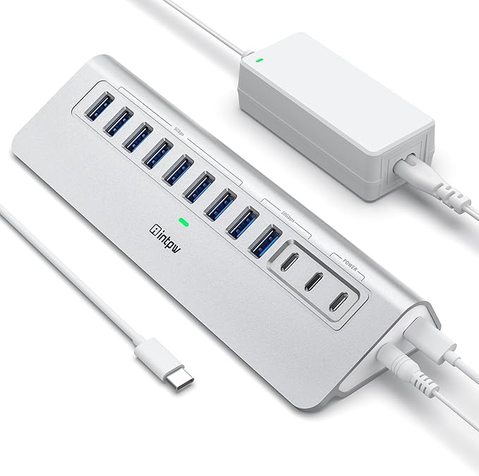 YH9AC Powered USB Hub 10Gbps, intpw 12 Port USB C Hub with 10Gbps USB C 3.2+2 USB A 3.2, 7 USB 3.0, 2 PD 45W Charging Port, 65W Power Adapter + 3.3FT Cable, Aluminum USB Hub for Laptop/iPhone 17/16/PC