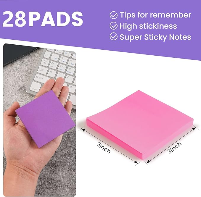 (28 Pads) Sticky Notes 3 x 3 in, Bright Colorful Super Sticking Power Memo Post Stickies, High Stickiness Square Sticky Notes for Office, Home, School, Meeting, 72 Sheets/pad