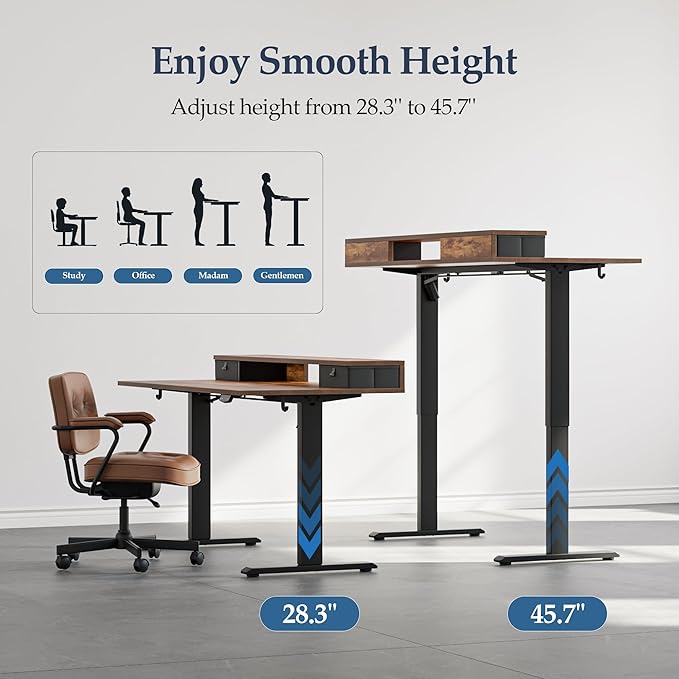 Klicelor 63 Inch Electric Standing Desk with Drawers, Adjustable Height Small Sit Stand Desk for Home Office, Compact Computer Workstation with Storage– Rustic Brown
