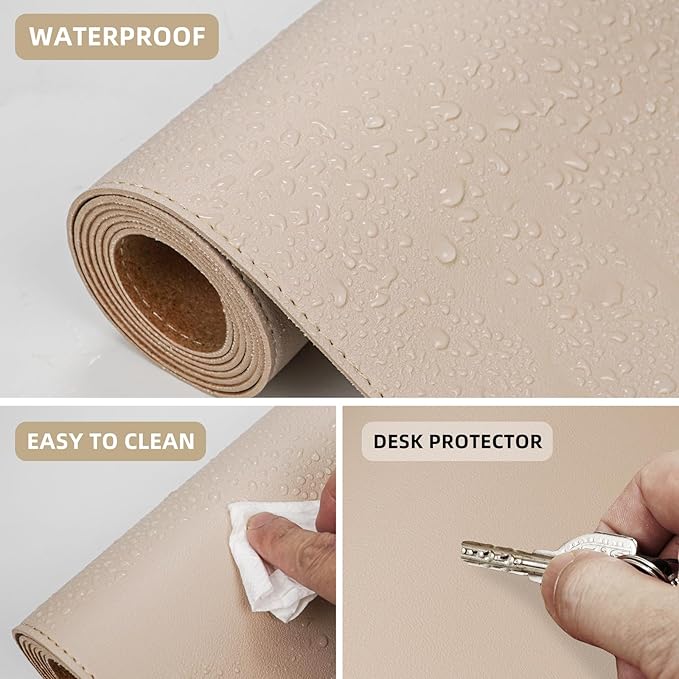 AFIING Leather Desk pad Protector, Large Non-Slip Office Desk Mat with Natural Cork & PU Leather, Waterproof Writing Mouse Pad for Office and Home (23.6in*13.7in, Beige)