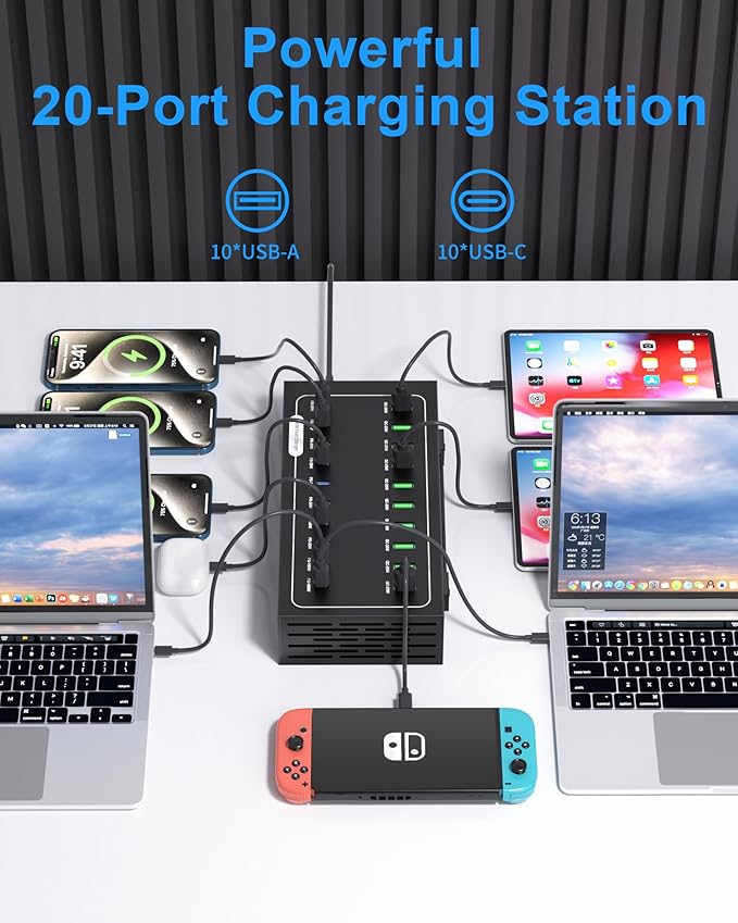 690W USB Charging Station, 20 Port Fast Charging Station for Multiple Devices, PD 100W USB C Charger Block, Smart Power Delivery & Multi Protection for Laptop MacBook iPhone, iPad, Tablet, and More