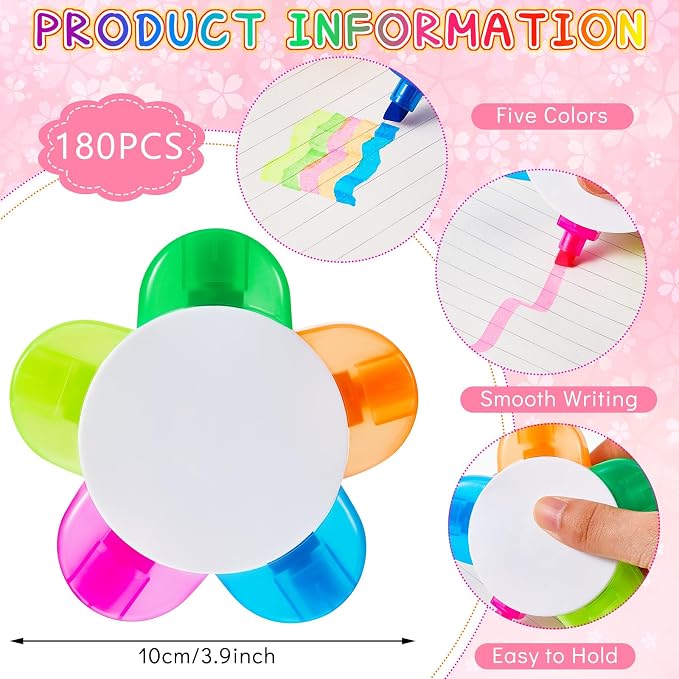 Outus 180 Pieces Petals Highlighters Assorted Colors Back to School Flower Shape Watercolor Highlighter Pens 5-in-1 Fluorescent Pens for Office School Stationery Aesthetic Supplies,5 Colors