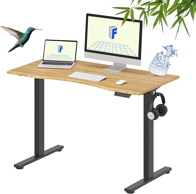 FLEXISPOT EN1 Bamboo Standing Desk, 48 x 24 Inches Whole-Piece Electric Height Adjustable Desk for Home Office (Black Frame + Bamboo Curved Desktop, 2 Packages)