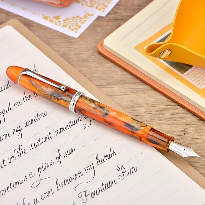 Asvine V800 Fountain Pen – Vacuum Filling System with Large Ink Capacity – Smooth Number 8 Medium Nib with Gift Case and Wrench- Amber Acrylic