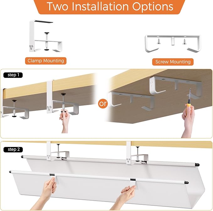 Under Desk Cable Management Tray - 36" Cord Organizer for Desk No Drill, Fabric Under Table Wire Organizer with 16X Cable Ties Hide for Office/Home, Cord Hider Fits Adapters & Sockets, White
