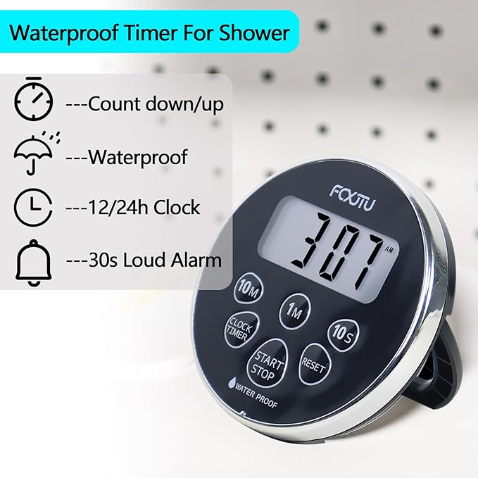 FCXJTU Digital Waterproof Shower Clock Timer, Bathroom Shower Countdown Timer for Kitchen Cooking with Alarm, Magnetic Back, Stand Silver Black