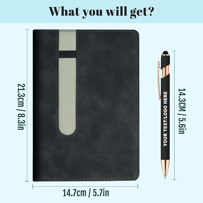 ENOMY A5 Personalized Notebook Set with 10 PC Pens Custom Journal with Pen Holder 200 Pages 80 GSM Custom Notebook for Writing Men Women, Black