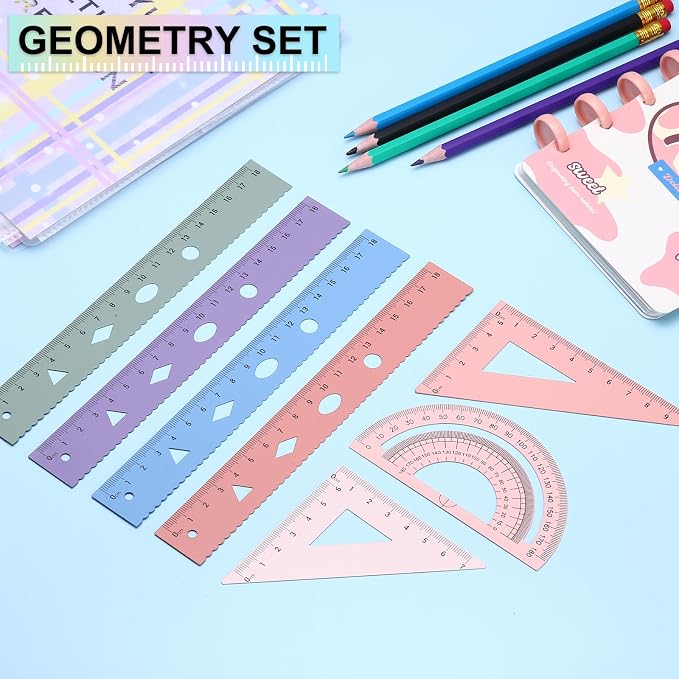 PATIKIL Geometry Set, 6 Inch Aluminum Ruler & 2 Triangles, Metal Protractor Ruler Math Drafting Measuring Tool for Home Office Math Drawing Engineering Art,Gradient Green/Gradient Blue