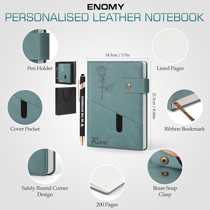 ENOMY Personalized Notebook & Pen Set PU Leather Custom A5 Notebook with Lock 200 Lined Paper Pages Luxury Gift Box for Men Women Travel College Business Gift, Gray