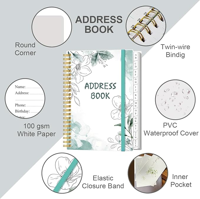 Address Book with Alphabetical Tabs - A5 Telephone & Address Book with Address Contacts, Special Date, Phone, Birthday & Internet Login Password for Home and Office, 6.2" x 8.5", Teal Flowers