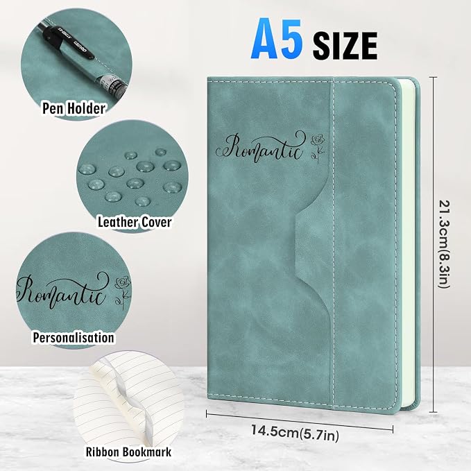 ENOMY Personalized Notebook Journal & 10 PC Pens Set Custom Notebook with Pen 240 Pages A5 Hardcover Journal for Men Women Leather Notebook for Work College Graduation Gifts, LightBlue