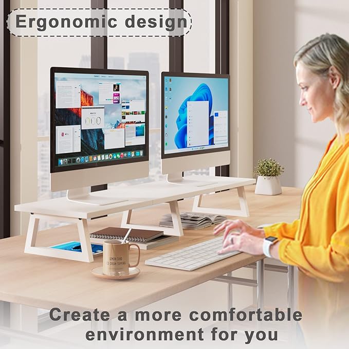 TEAMIX White Dual Monitor Riser for 2 Monitors-42inch, Wood Desktop Dual Stand with Metal Legs, Long Screen/PC/Laptop Storage,Computer Shelf TV Holder Home Office