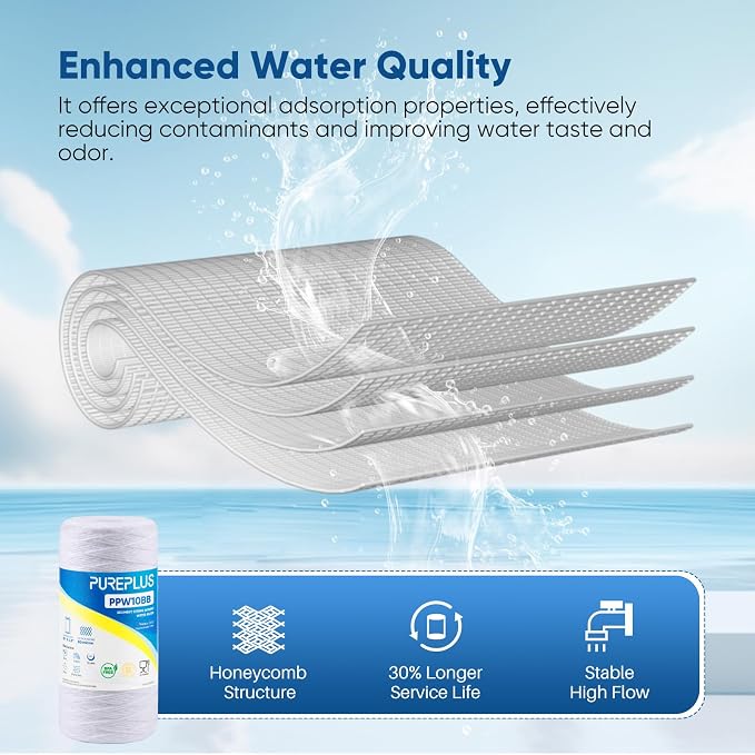 PUREPLUS 50 Micron 10 x 4.5 Whole House String Wound Sediment Filter for Well Water, Replacement Cartridge for 84637, WPX5BB97P, PC10, CW5-BBS, 355215-45, 3Pack