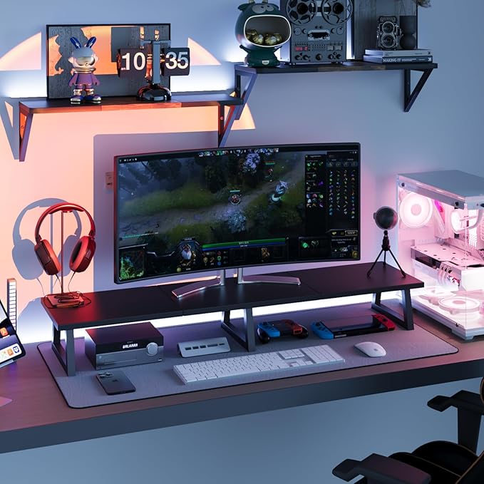TEAMIX Black 42 inch Dual Monitor Riser,Wood and Steel Long Monitor Stand for 2 Monitors with Storage Large TV Riser Computer Laptop Stand for Desk Office Organization