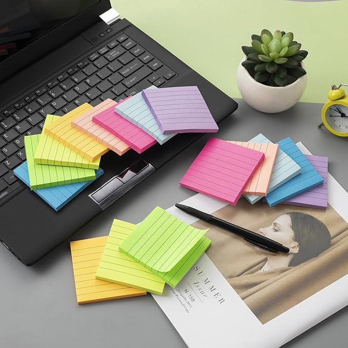 (16 Pack) Lined Sticky Notes 3x3 in Ruled Stickies Super Sticking Power Memo Pads Bright Colors