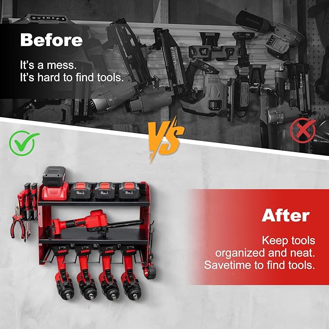 Power Tool Organizer Wall Mount with Charging Station, Heavy Duty 3 Layer Garage Tool Storage with 4 Cordless Drill Holder and 8 Outlet Power Strip, Gift for Men Husband Dad Birthday Anniversary red