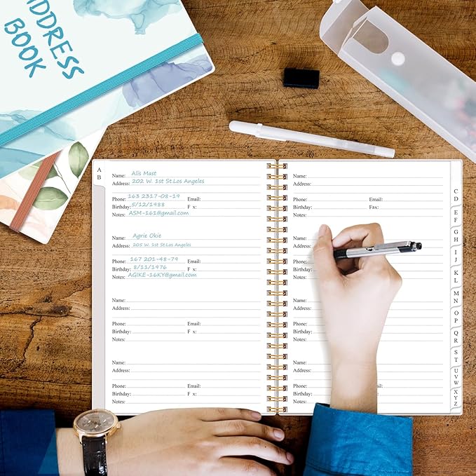 Address Book with Alphabetical Tabs - A5 Telephone & Address Book with Address Contacts, Special Date, Phone, Birthday & Internet Login Password for Home and Office, 6.2" x 8.5", Blue Watercolor