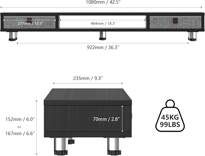 Fenge Dual Monitor Stand with 2 Drawers, 42.5 Inches Large Computer Riser for Desk, Adjustable Height Desk Shelf with Storage for Laptop, PC, TV, Printer