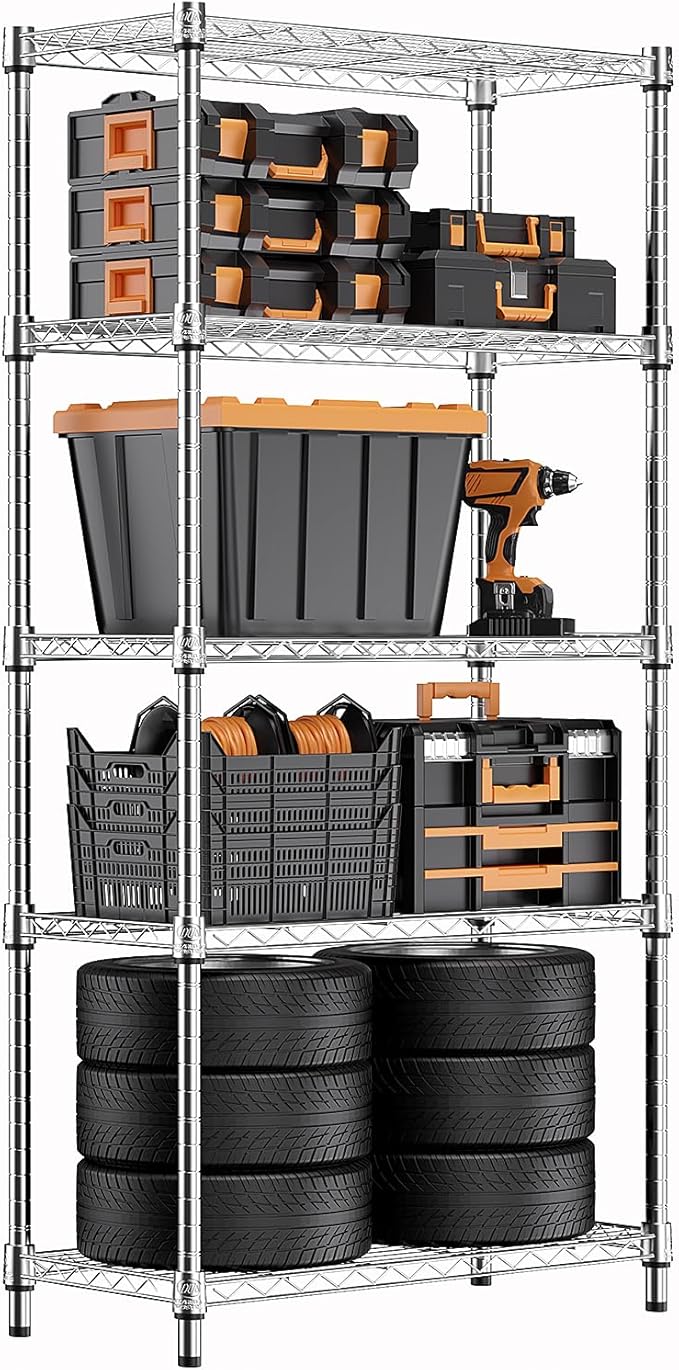 M MZG 1250 lbs Steel Heavy Duty 5-Tier Utility Shelving Unit Steel Organizer Wire Rack for Home,Kitchen,Office,Chrome (13.7" D x 23.6" W x 62.4" H)