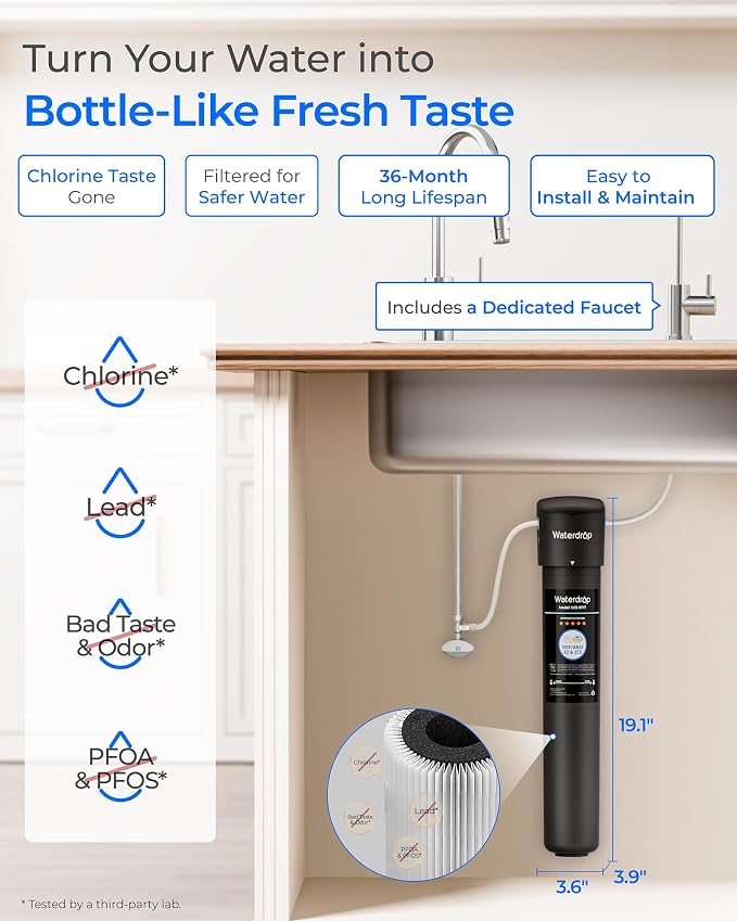 Waterdrop 17UB Under Sink Water Filter System with Dedicated Faucet | Under Sink Water Filtration System, NSF/ANSI 42 Certified, Reduces PFAS, PFOA/PFOS, Lead, Under Sink Water Filter, 3 Years