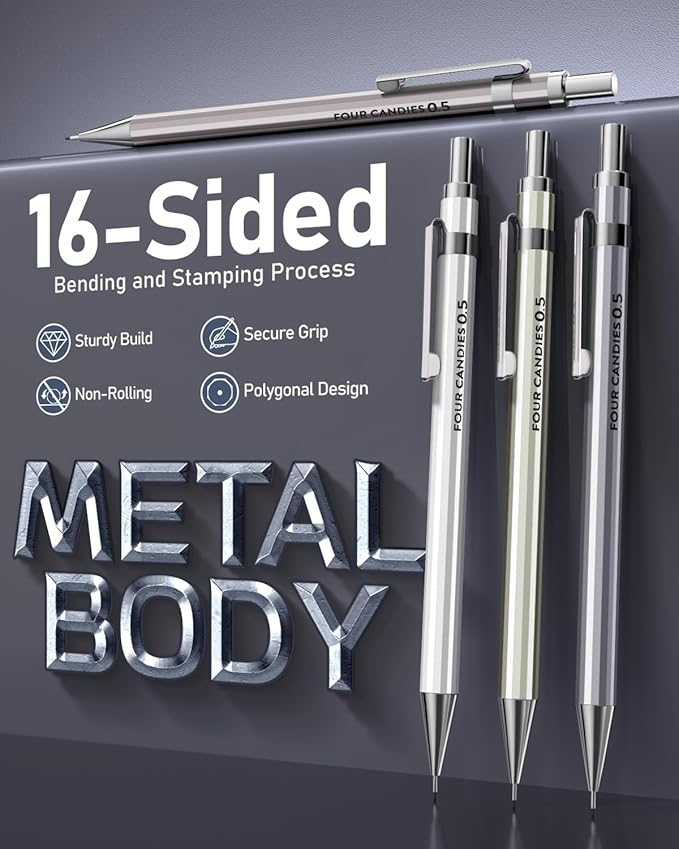 4PCS Metal Mechanical Pencil Set, 0.5mm Fine Point, Pack with Storage Case | 480 Leads, 3 Erasers+9 Refills, For School Writing, Sketching, Art Drawing & Professional Drafting