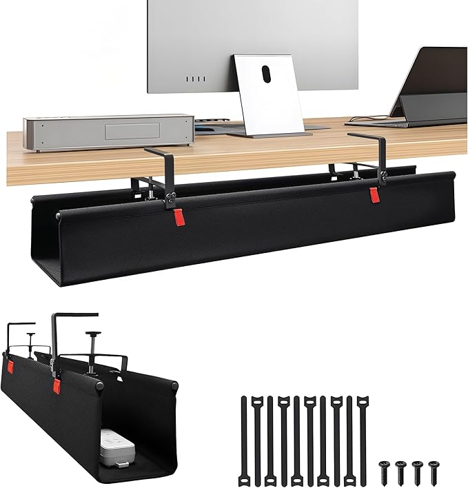 No Drill Cable Management Under Desk, 48" Cord Organizer for Table, Clamp/Screw Mount Cable Tray, Premium Black Fabric Desk Cord Management Tray for Office, Home (Extra Large (48 Inch))