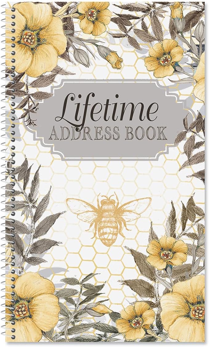 Current Sweet Bee Address Book - 94 Pages; Small 5" x 8-1/2" Size for Purse or Office, Spiral Bound Soft Cover Organizer for Contacts, Addresses, Email, & Phone Numbers + 50 Replacement Stickers