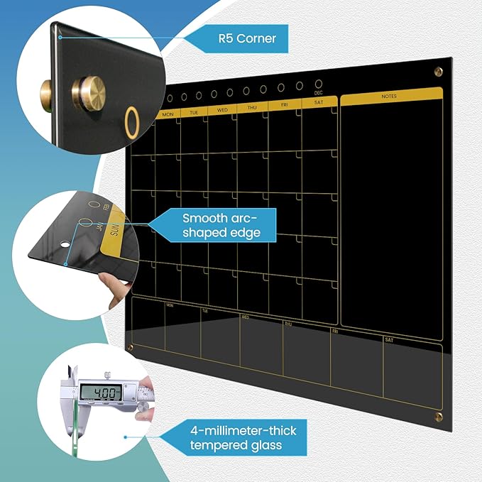 Magnetic Glass Blackboard Calendar 48"x36" Monthly Glass Dry Erase Board for Wall Planner GlassBlack Board Calender Wall Mounted for Office School Home(Black)