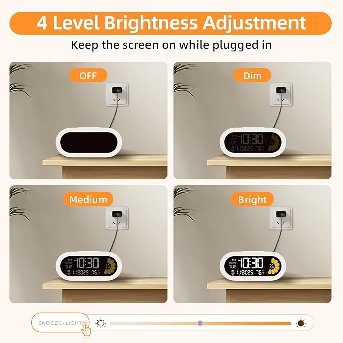 DOOMAY Digital Alarm Clock for Bedroom: Dual Alarm Bedside Clock VA LCD Display with Seconds, 9-Minute Snooze and Weekend Mode, 3 Brightness, 4 Alarms and 3 Volume Levels，Type C & Battery Included