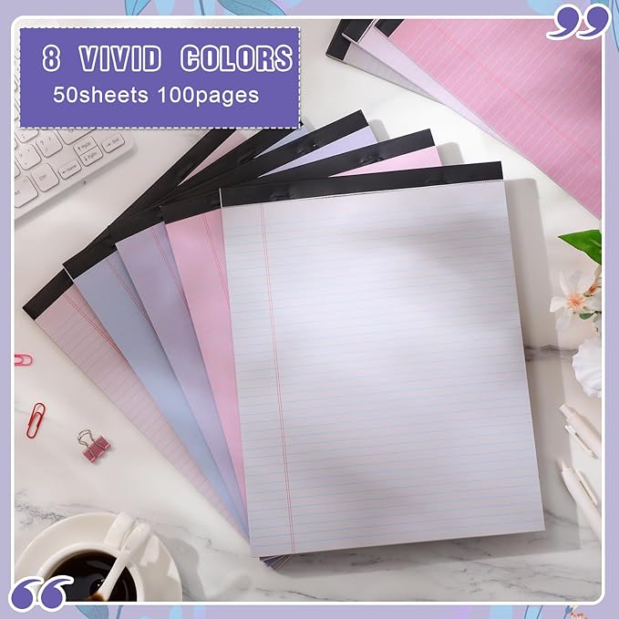 Fuutreo 8 Pcs 8.5'' x 11'' Colored Legal Pad Writing Pads Narrow Ruled 50 Sheets Per Notepad Perforated Writing Notepad Office Supplies for College Office Business (Taro Color)